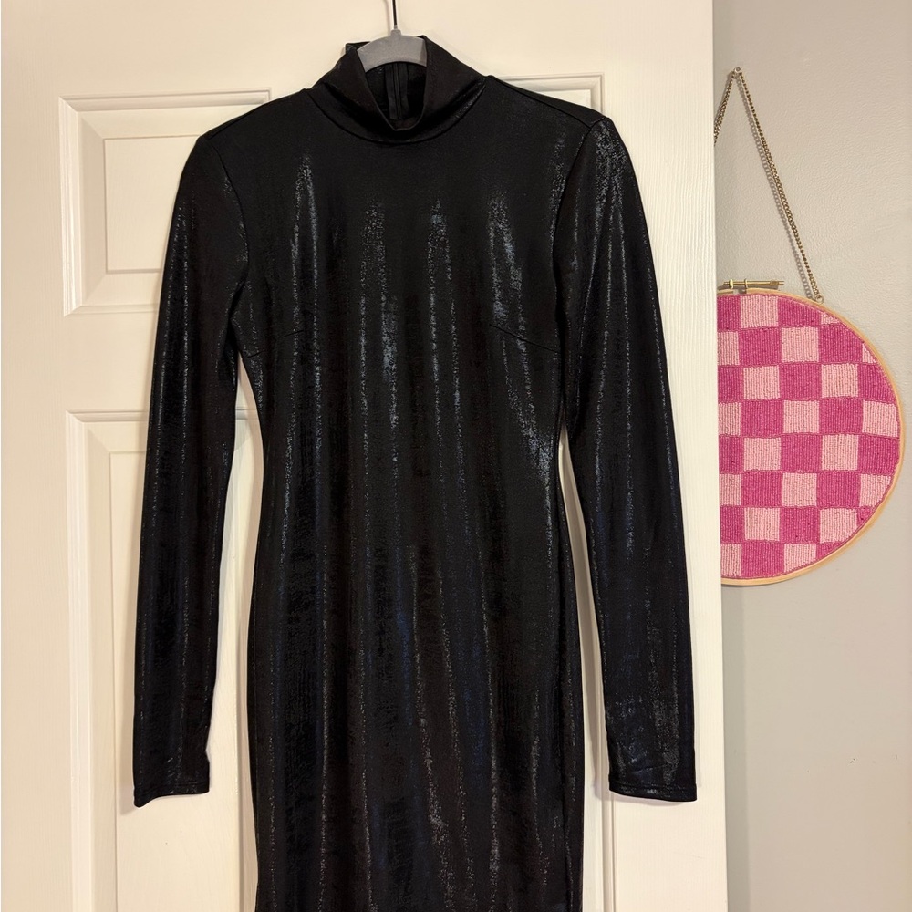 Forever 21 Black Long-Sleeve Mock Neck Dress with Subtle Shine